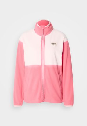 Fleecejack met hoge kraag, met een roze verloopontwerp en een wit borstpaneel. Voorzien van ritssluiting en zijzakken.
