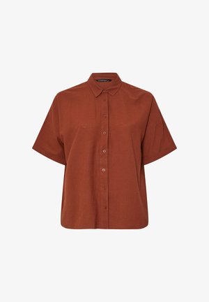 Kupferfarbendes Kurzarmhemd mit kragen, Knopfverschluss und lockerer Passform. Hergestellt aus strukturiertem Stoff.