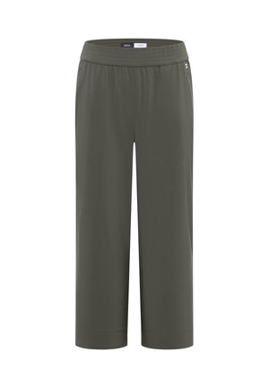 Pantalon large couleur vert olive avec taille élastique, longueur raccourcie et texture de tissu lisse.