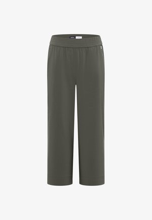 Oliivinvihreät leveälahkeiset housut, joissa on joustava vyötärönauha, lyhyt lahkeen pituus ja sileä kangaspinta.