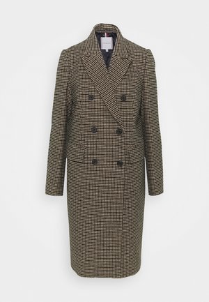 Langer zweireihiger Wollmantel mit braun-beigem Hahnentrittmuster, mit gekerbten Revers, vorderen Pattentaschen und schwarzen Knöpfen.