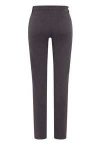Mørkegrå slim-fit bukser med en glat tekstur, der har to baglommer og et diskret logo-mærke på linningen.