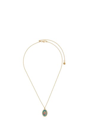 Gold chain necklace with an oval pendant featuring a floral design on a teal background. Adjustable length with a clasp closure.