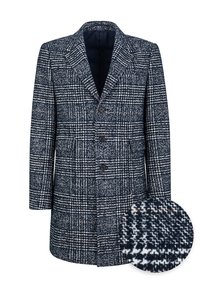 Wollen mantel met een mix van wol, uitgevoerd in een marineblauw-witte ruitmotief met een opstaande reverskraag, drie knopen aan de voorkant en zijzakken. Inclusief een ronde stoffen detail.