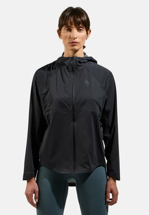 Black lightweight jacket with a zip front, hood, and long sleeves. Features breathable fabric and a logo on the upper left side.