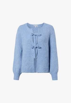Weich strukturierte hellblaue Strickjacke mit langen Ärmeln und zwei gebundenen Schleifen an der vorderen Öffnung, mit rundem Ausschnitt.