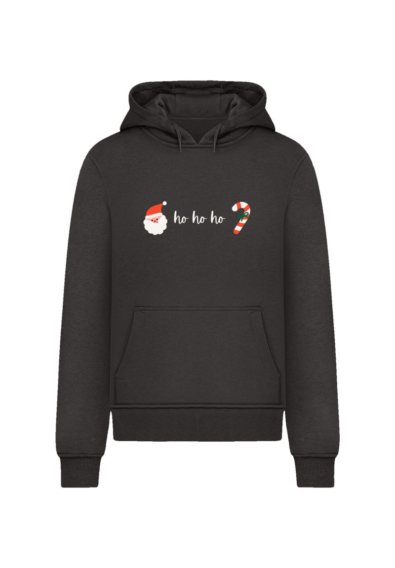 Haut à capuche noir avec poche frontale. Présente un texte blanc "ho ho ho" avec un visage de Père Noël et un motif de canne en sucre en rouge et vert.