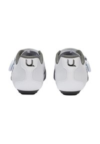 Vita och grått sportskor med en slät syntetisk överdel, cirkulär låsmekanism och strukturerade detaljer vid hälen och sidorna.