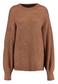Hnědý, měkký pletený svetr s kulatým výstřihem, spadlými rameny a dlouhými rukávy. Má uvolněný střih a ribbované lemování a manžety.