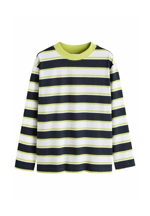 Chemise à manches longues avec des rayures horizontales noires, blanches et vert clair, avec un col rond côtelé vert clair.