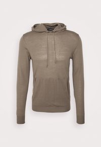 Khaki huva sweatshirt gjord av mjukt material, med en framficka i kangurostil och ribbade muddar och nederkant för en bekväm passform.