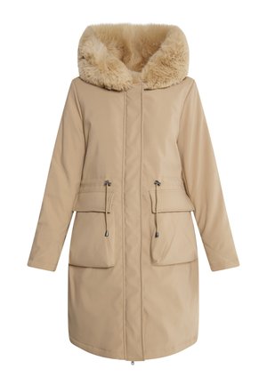 Beige Parka mit einer Kapuze aus Kunstfell, Reißverschluss vorne, zwei Vorderentaschen und Kordelzug in der Taille. Glattes Außenmaterial mit einem weichen Innenfutter.
