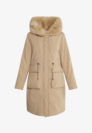 Beige parka, jossa on tekoturkis huppu, vetoketju edessä, kaksi etutaskua ja kiristettävä vyötärö. Silkkinen ulkopinta pehmeällä vuorilla.