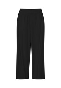 Černé zkrácené kalhoty s elastickým pasem, které mají hladkou texturu a široký střih nohavic. Vhodné pro volnočasové nošení nebo odpočinek.