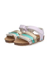 Multicolore sandalen met een kurkzool, voorzien van paarse en teal straps, textuuraccenten en verstelbare klittenbandsluitingen. Rubberen zool.