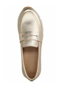 Goldene Leder-Slipper mit strukturierter Oberfläche, weicher Innenausstattung, dekorativer Naht und weißer Gummisohle. Kein sichtbares Zubehör.