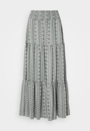 Gonna lunga e a più strati di colore grigio chiaro con motivi floral neri e righe. Vita elastica, design fluido e tessuto testurizzato.