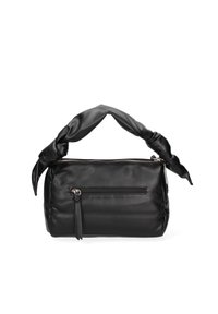 Zwarte leren handtas met een geknoopte stoffen handgreep, een hoofdcompartiment met rits en een voorvak met rits. Gladde textuur.