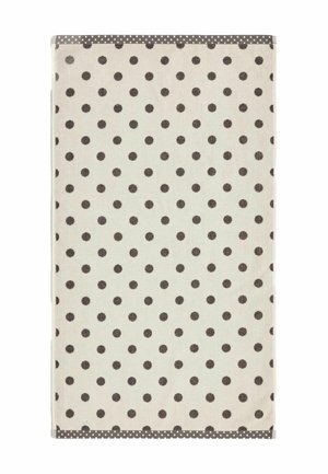 Rectangular beige towel with evenly spaced dark brown polka dots and a dark brown border with smaller white dots.