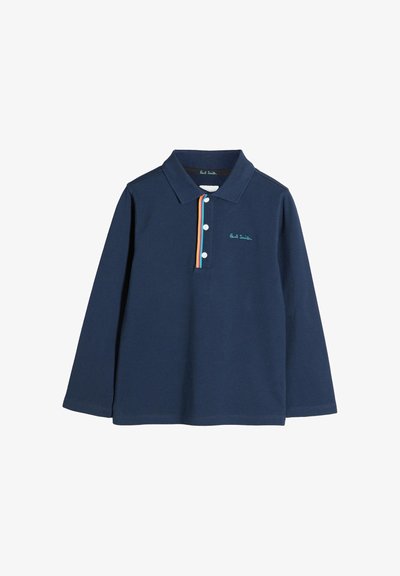 Tengerészkék hosszú ujjú póló pamutból, háromgombos patenttal, narancssárga, kék és sárga csíkokkal. Hímzett logóval ellátva.