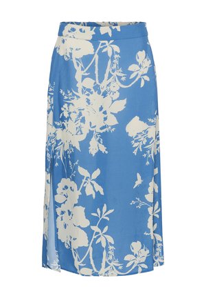 Jupe midi bleue à motif floral blanc avec une fente latérale, dotée d'une taille cintrée et d'un tissu fluide.