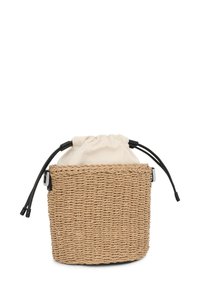 Borsa a secchiello in paglia intrecciata con parte superiore in crema a sacchetto, spallacci in pelle nera e forma cilindrica. Finitura testurizzata con colore naturale.