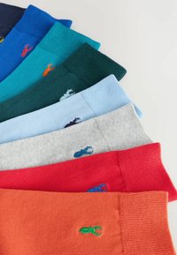 Bomuldsstrømper i forskellige farver: marineblå, blå, teal, grøn, lyseblå, grå, rød og orange, hver med en lille broderet hummere detail.