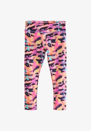 Bunte Leggings mit einem lebhaften, abstrakten Muster in Pink, Orange, Schwarz und Türkis. Hergestellt aus dehnbarem, weichem Stoff mit hohem Bund.