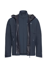 Dunkelblaue wasserdichte Jacke mit weichem Innenfutter, hohem Kragen, durchgehendem Reißverschluss und Taschen. Verfügt über eine glatte Textur und verdeckte Verschlüsse.