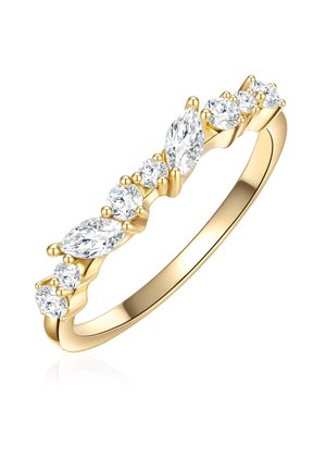 Zlatni prsten sizmom koji naizmjenično prikazuje marquise i okrugle prozirne sintetičke kamenčiće, postavljen na glatkoj narukvici s poliranim završetkom.