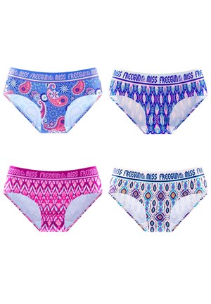 Quatre paires de sous-vêtements féminins à motifs avec des ceintures larges étiquetées "Miss Freegun", présentant des dessins paisley, géométriques et inspirés des tribus.