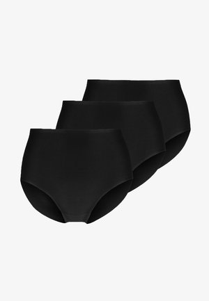 Pack of three high-waisted black briefs. Made of smooth fabric with a seamless design and no visible stitching. Classic full coverage fit.