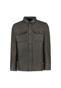 Grijze wollen shirtjacket met een kraag, sluiting met knopen aan de voorkant, en twee borstzakken met kleppen en knopen. Lange mouwen met een rechte zoom.