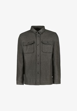 Grijze wollen shirtjacket met een kraag, sluiting met knopen aan de voorkant, en twee borstzakken met kleppen en knopen. Lange mouwen met een rechte zoom.
