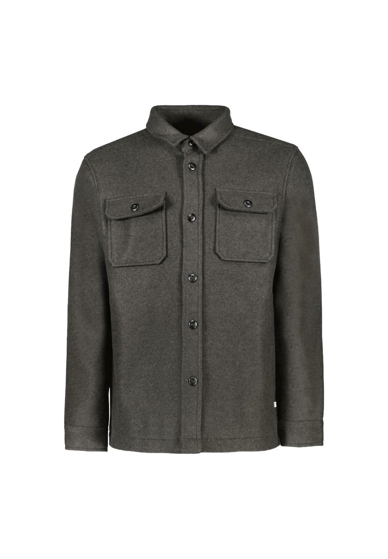 Grijze wollen shirtjacket met een kraag, sluiting met knopen aan de voorkant, en twee borstzakken met kleppen en knopen. Lange mouwen met een rechte zoom.