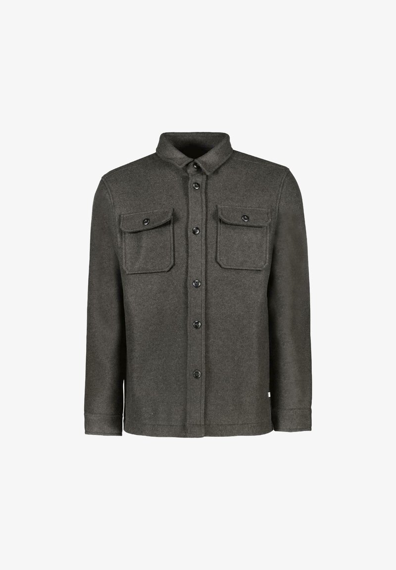 Grijze wollen shirtjacket met een kraag, sluiting met knopen aan de voorkant, en twee borstzakken met kleppen en knopen. Lange mouwen met een rechte zoom.