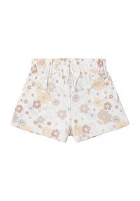 Bloemige shorts van lichtgewicht stof, met een witte basis en beige en gele bloemenpatronen, elastische tailleband en twee achterzakken.