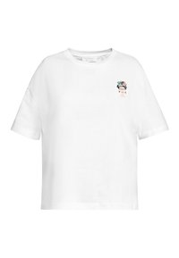 White cotton t-shirt with short sleeves and a round neckline, featuring a colorful embroidered design of a face with flowers in hair on the chest.