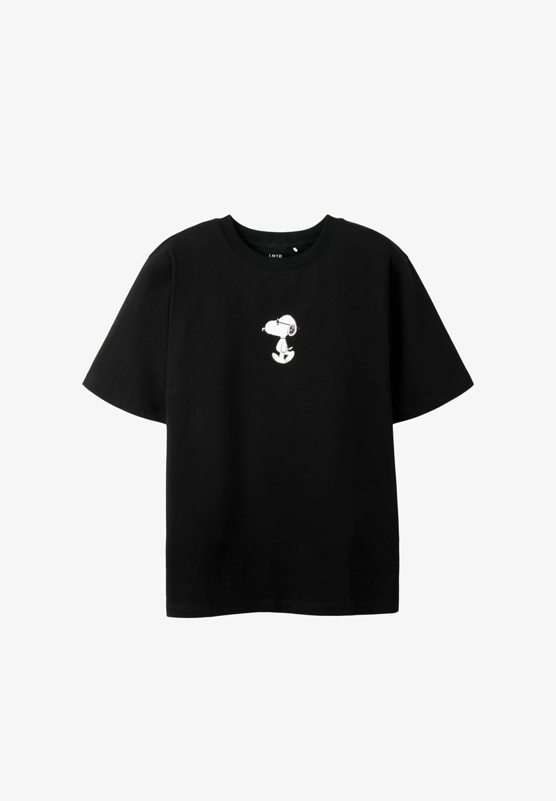 T-shirt noir à manches courtes avec un petit motif blanc du personnage Snoopy centré sur la poitrine.