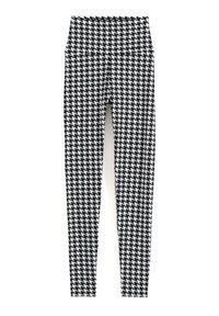 Legginsy w czarno-biały wzór pepitki, z wysokim stanem, wykonane z elastycznego materiału, zaprojektowane dla wygody i dopasowania.