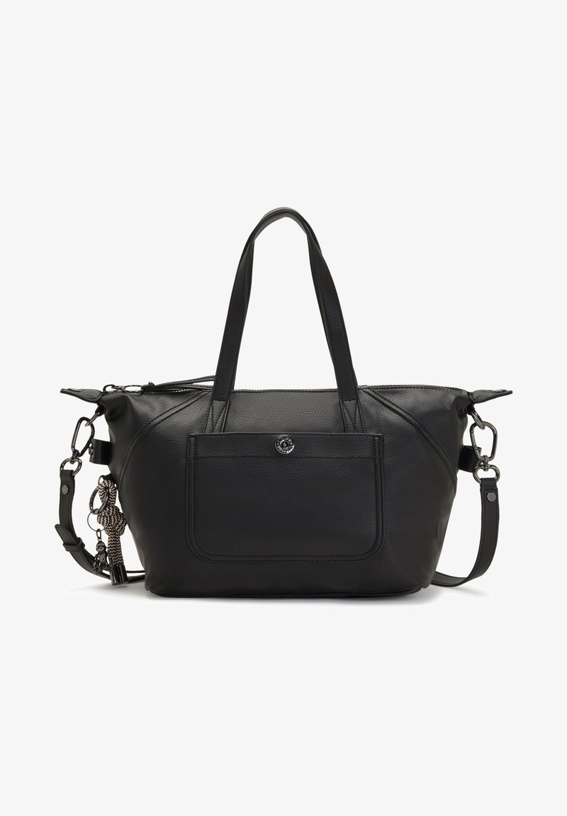 Schwarze Lederhandtasche mit doppelten Griffen und abnehmbarem Schultergurt. Verfügt über eine Vordertasche und einen strukturierten Körper mit silbernen Hardware-Akzenten.