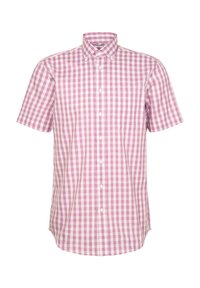 Korte mouw knoopsluiting shirt in een lichtroze en witte ruitpatroon. Heeft een opgevouwen kraag en een enkele borstzak. Van katoen.