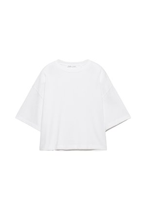 Bela kratka majica s kratkimi rokavi, ohlapnega kroja iz mehke bombažne tkanine. Ima okrogel izrez in široke rokave, z enostavnim, čistim dizajnom.