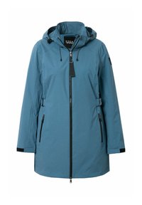 Chaqueta azul resistente al agua con capucha, cierre frontal y acentos negros. Cuenta con bolsillos laterales y cintura ajustable para un mejor ajuste.