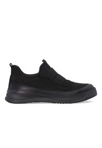 Czarne buty sportowe z gładką skórzaną cholewką, zapięcie na elastyczny pasek, amortyzowaną podeszwą oraz teksturowaną gumową podeszwą dla lepszej przyczepności.