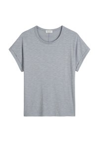 Szara bawełniana koszulka z krótkim rękawem, okrągłym dekoltem i podwiniętymi mankietami, z delikatnym teksturowanym wzorem i luźnym krojem.