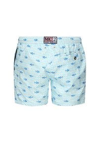Costumi da bagno azzurri con un motivo triangolare e piccole decorazioni di pesci blu. Vita elastica con etichetta del marchio e tasche laterali.