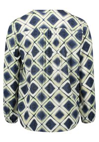 Langärmlige Bluse mit geometrischem Diamantmuster in Marineblau, Grün und Weiß. Weicher Stoff mit lockerer Passform und gerafftem Rückendetail.