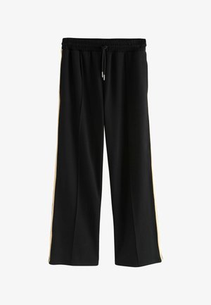 Mustat leveät housut, joissa on joustava vyötärönauha, kultainen sivuvalkoinen raita ja sileä kangas. Mukana naruompelus.