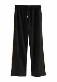 Schwarze weit geschnittene Hose mit einem elastischen Bund, ausgestattet mit einem goldenen Seitenstreifen und glattem Stoff. Mit Kordelzug ausgestattet.